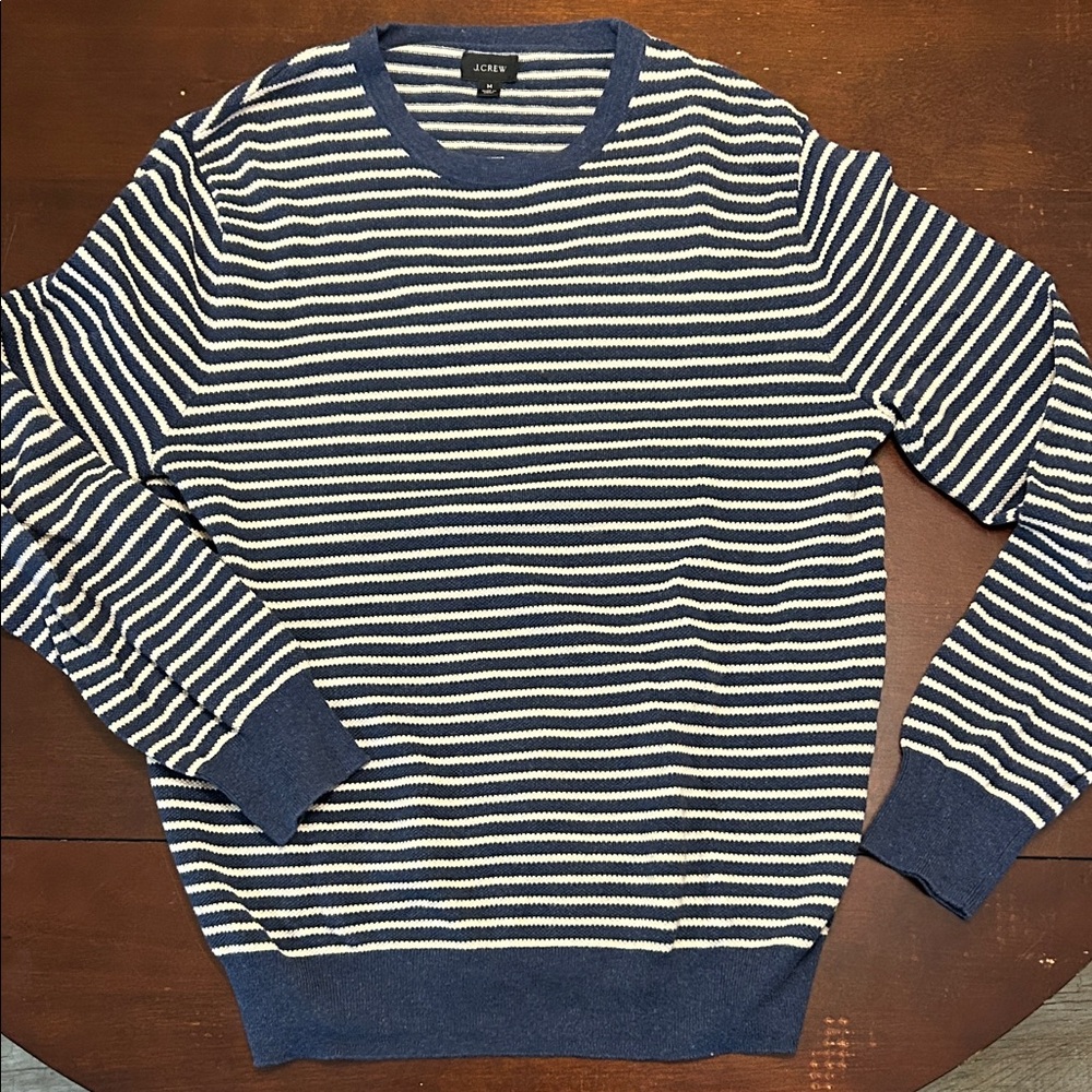 J. Crew Men's Navy and Cream Striped Crewneck Sweater